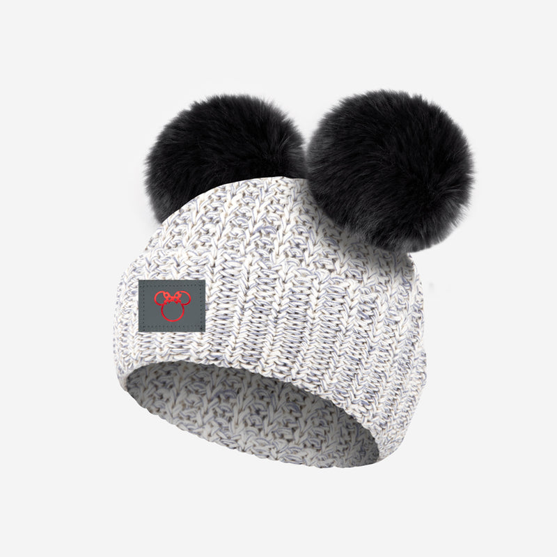 Minnie Mouse Baby Red Foil Outline Gray Speckled Double Pom Beanie