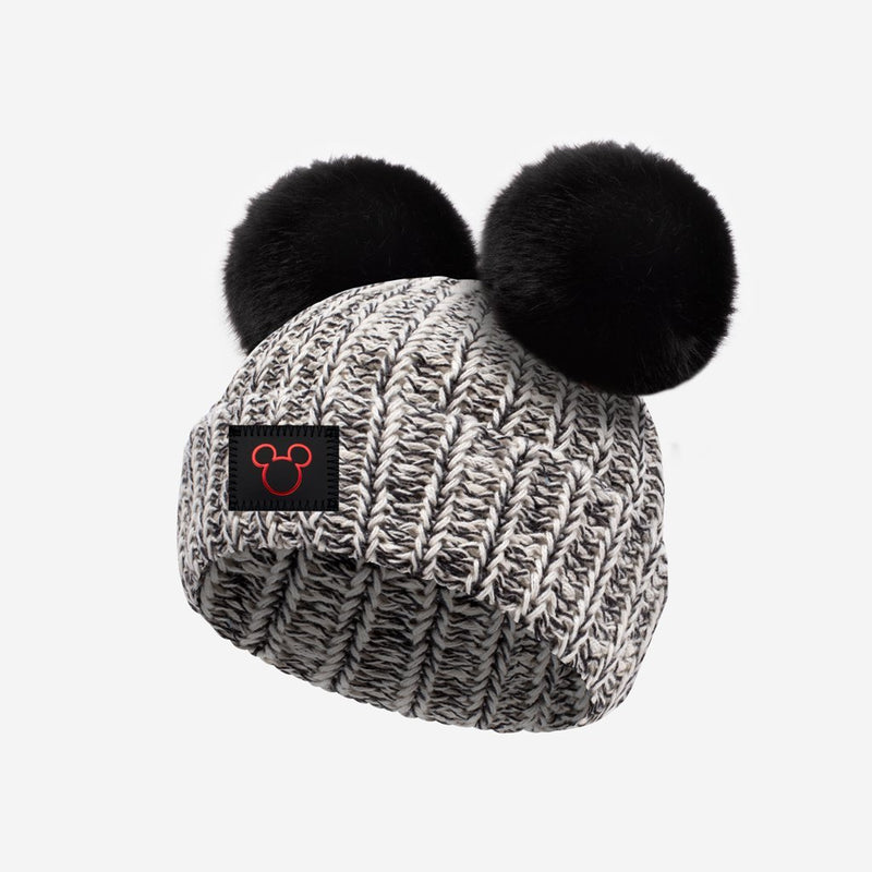 Mickey Mouse Baby Red Foil Outline Black Speckled Double Pom Beanie
