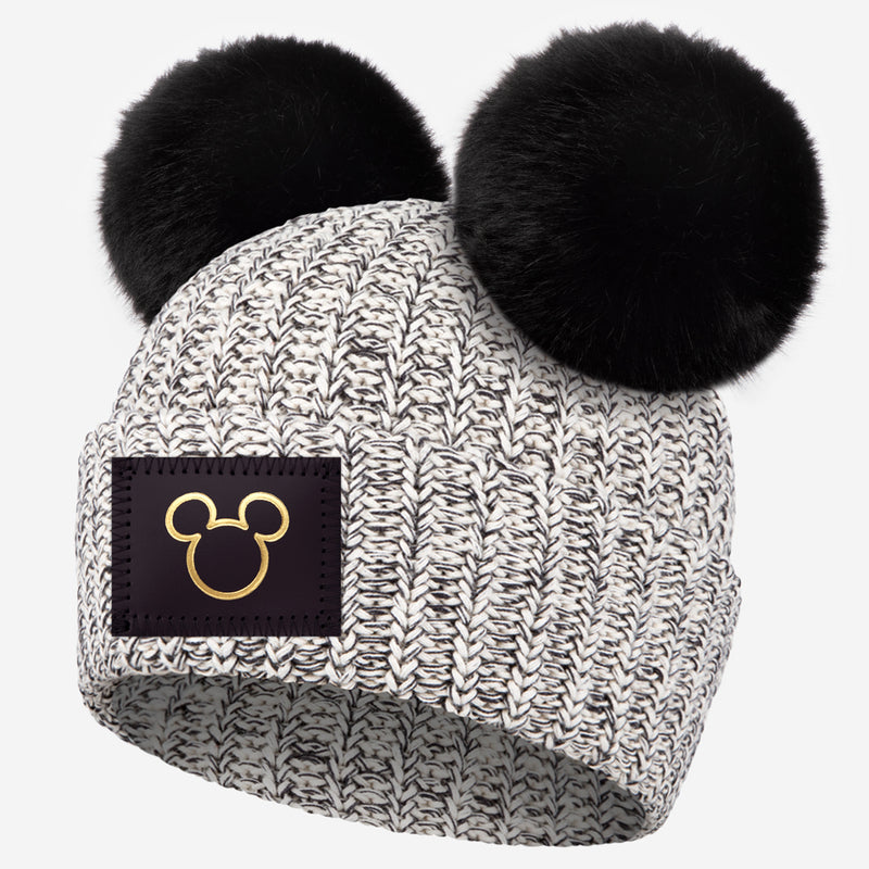 Mickey Mouse Black Speckled Gold Foil Outline Double Pom Beanie