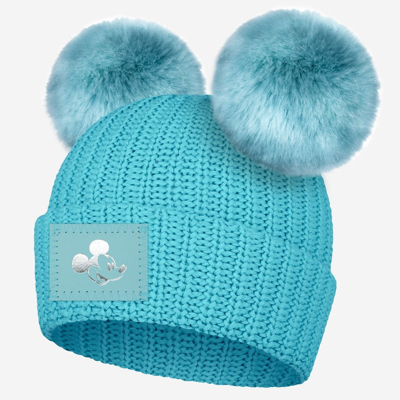 Mickey Mouse Silver Foil Sterling Blue Double Pom Beanie
