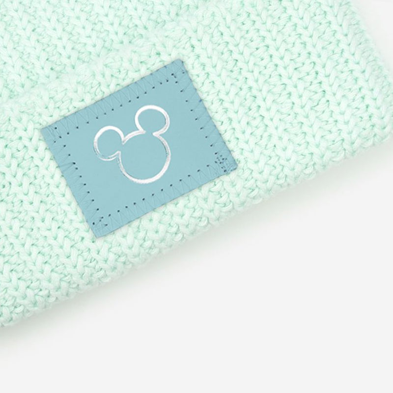 Mickey Mouse Silver Foil Outline Seafoam Double Pom Beanie