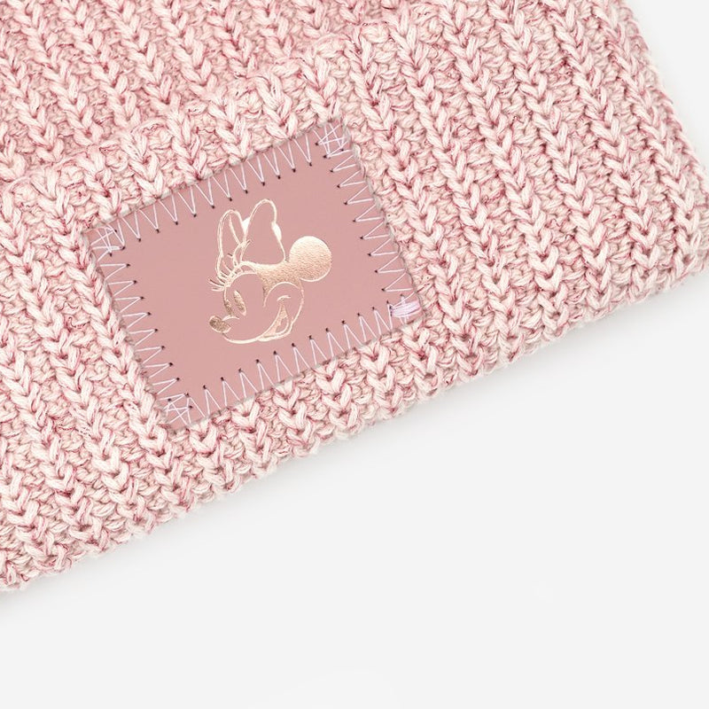 Minnie Mouse Rose Gold Blush and Metallic Rose Gold Yarn Double Pom Beanie