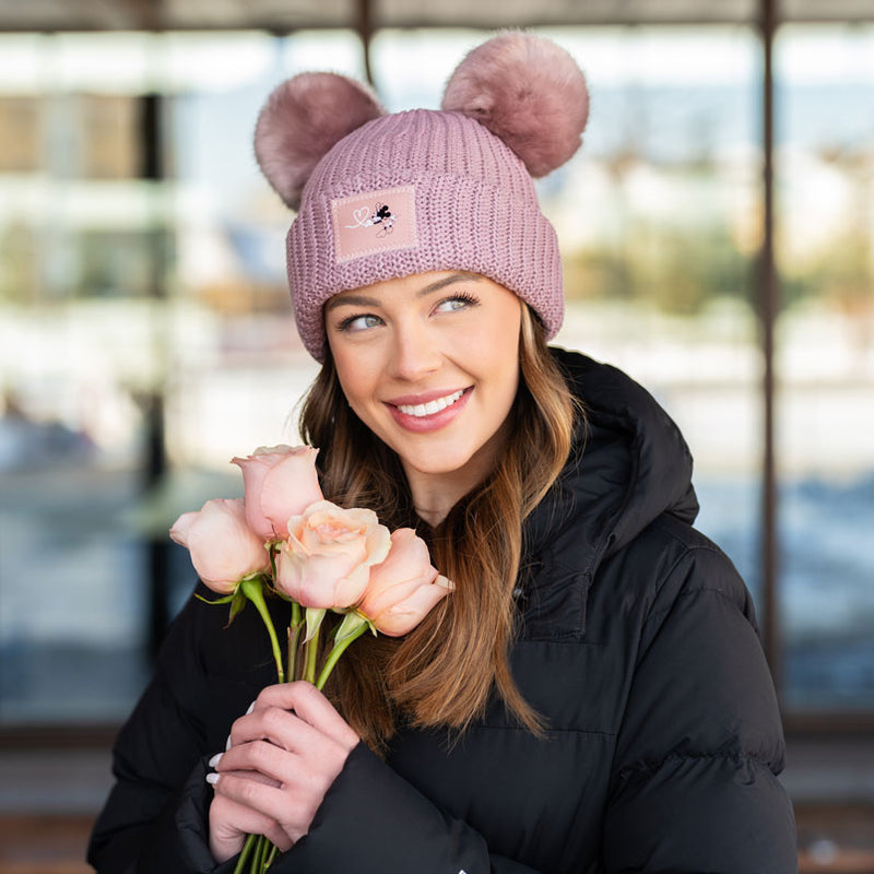 Minnie Mouse Drawing Heart Pale Rose Double Pom Beanie