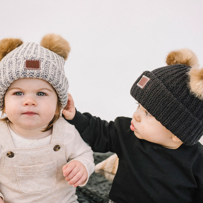 Toddler Gray Speckled Double Pom Beanie