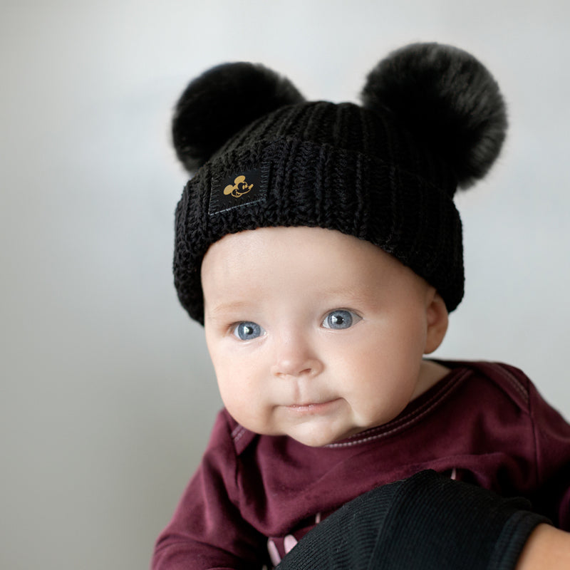 Mickey Mouse Baby Black Gold Foil Double Pom Beanie