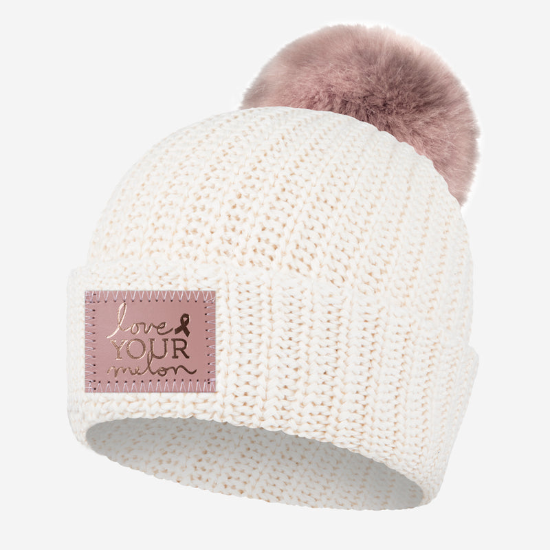 White Speckled Rose Foil Pom Beanie (Blush Leather Patch)