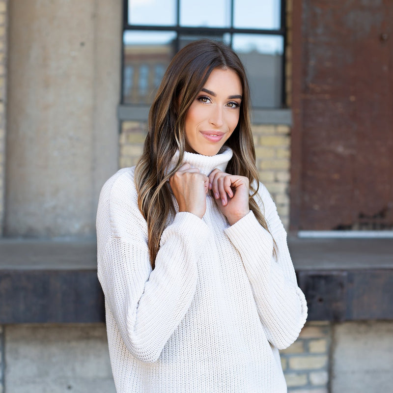 White Speckled Knit High Cowl Sweater
