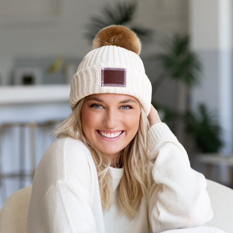Love Your Melon Adult White Speckled Pom Beanie Pom in Natural | Cotton/Lycra/Faux Fur