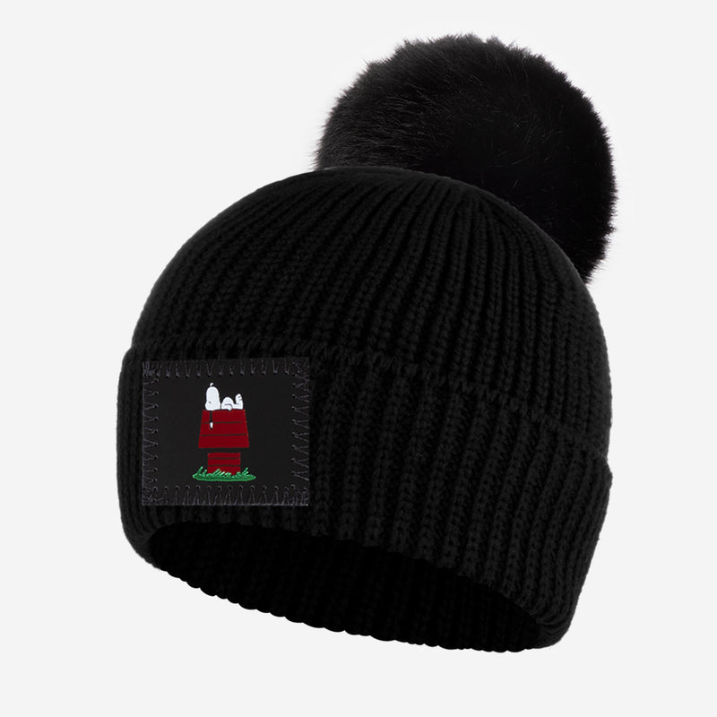 Snoopy and His Dog House Black Kids Lightweight Pom Beanie