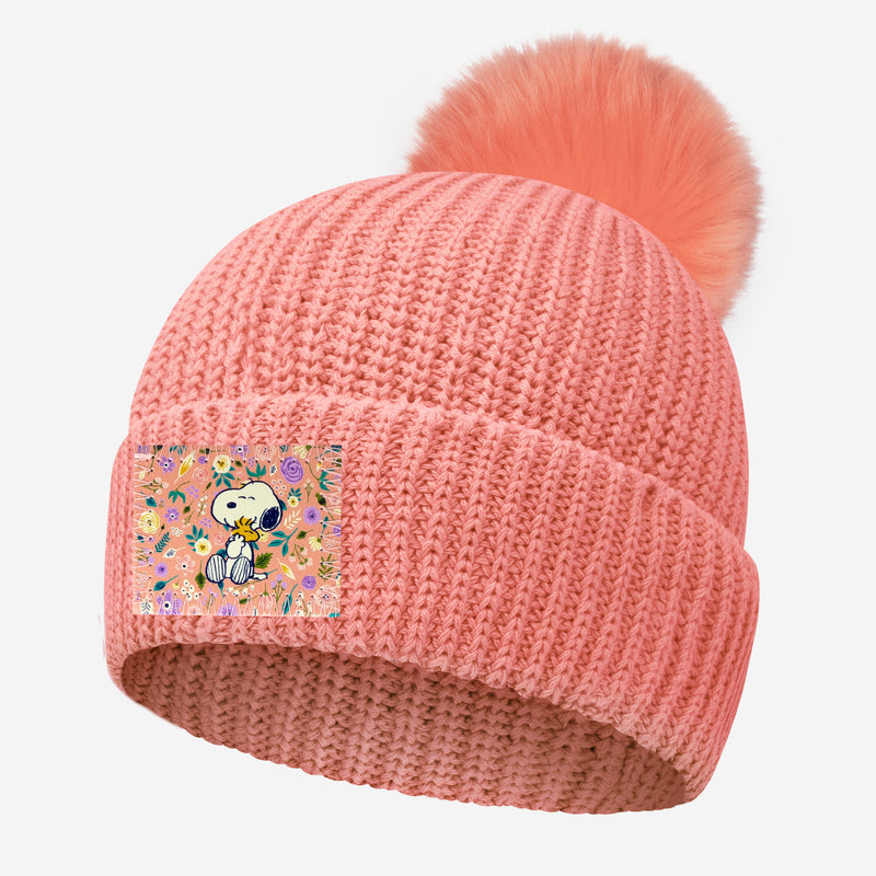 Snoopy and Woodstock Pink Lightweight Pom Beanie