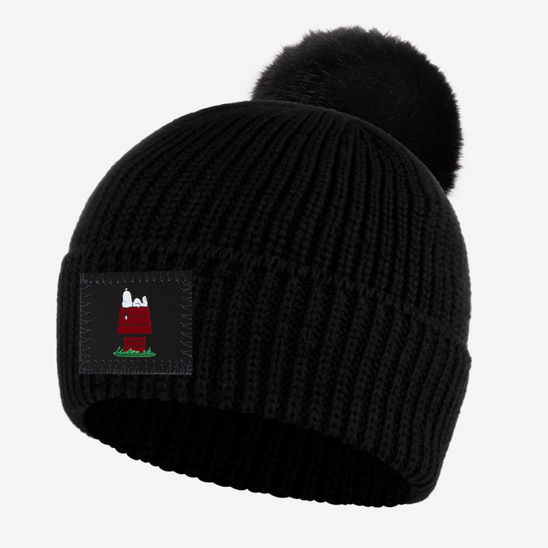 Snoopy and His Dog House Black Lightweight Pom Beanie