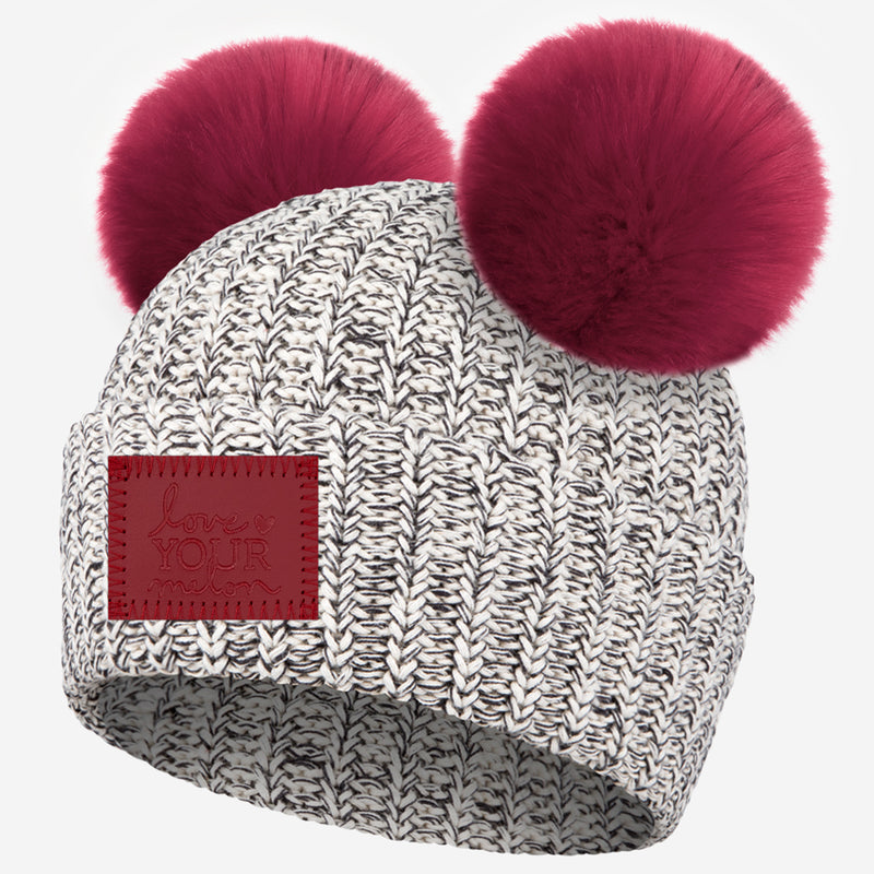 Black Speckled Double Pom Beanie (Red Leather Patch)