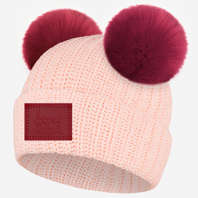 Blush Double Pom Beanie (Red Leather Patch)