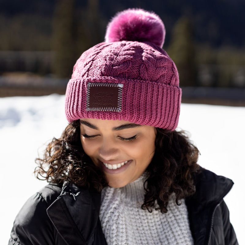 Rose Cable Knit Pom Beanie