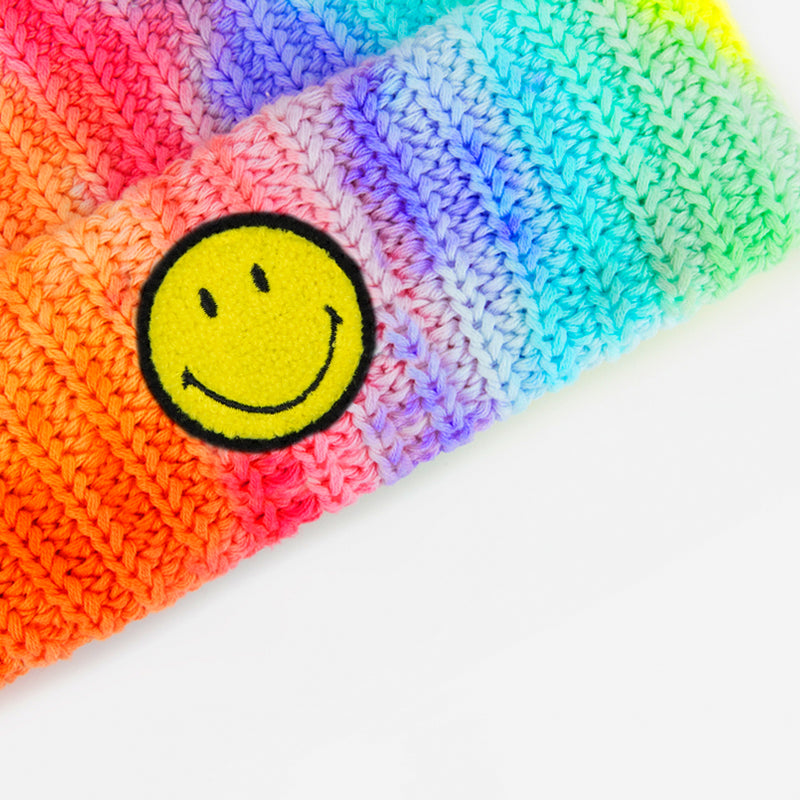 SMILEY® Chenille Patch Rainbow Tie Dye Pom Beanie