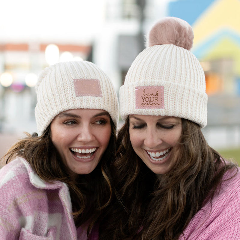 White Speckled Rose Foil Pom Beanie (Blush Leather Patch)