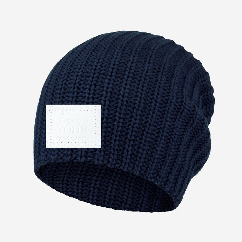 Navy Beanie (White Leather Patch)