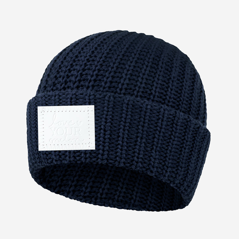 Navy Cuffed Beanie (White Leather Patch)