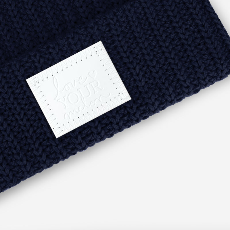 Navy Cuffed Beanie (White Leather Patch)